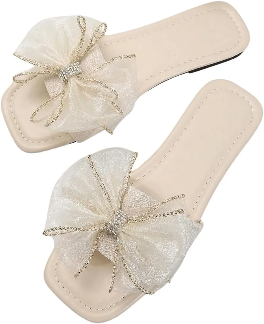 GORGLITTER Women's Bow Cute Trendy Sandals 2025 Graphic Print Dressy Open Square Toe Summer Slide Flat Sandals