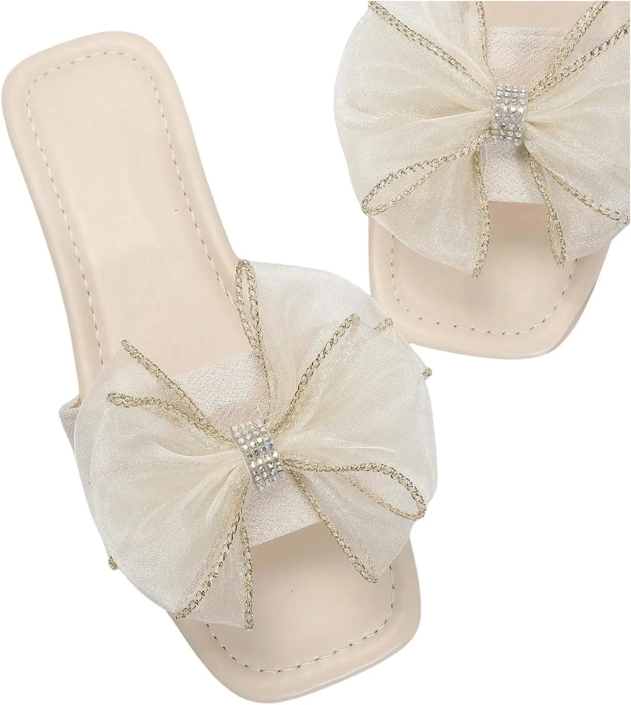 GORGLITTER Women's Bow Cute Trendy Sandals 2025 Graphic Print Dressy Open Square Toe Summer Slide Flat Sandals