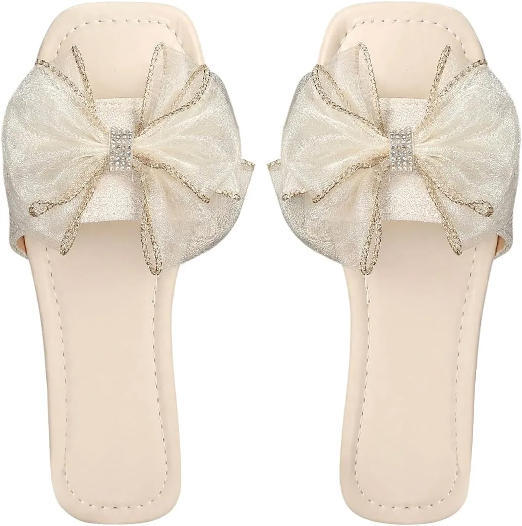 GORGLITTER Women's Bow Cute Trendy Sandals 2025 Graphic Print Dressy Open Square Toe Summer Slide Flat Sandals