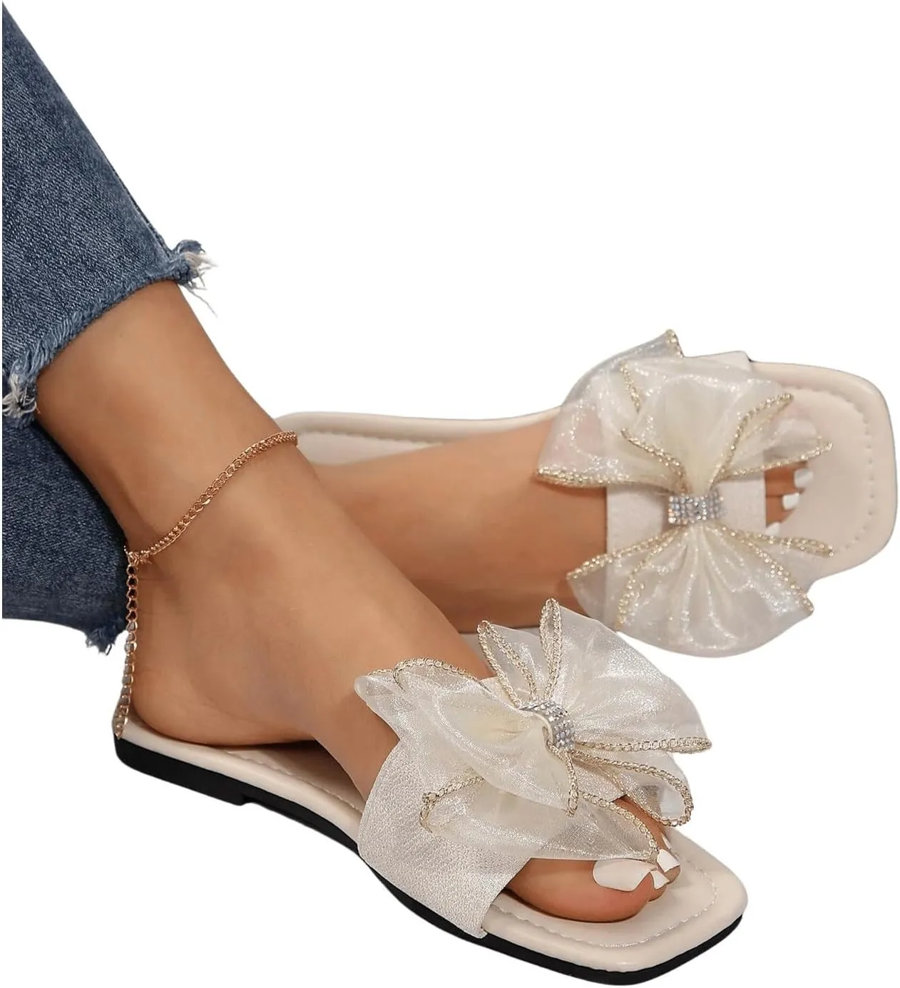 GORGLITTER Women's Bow Cute Trendy Sandals 2025 Graphic Print Dressy Open Square Toe Summer Slide Flat Sandals