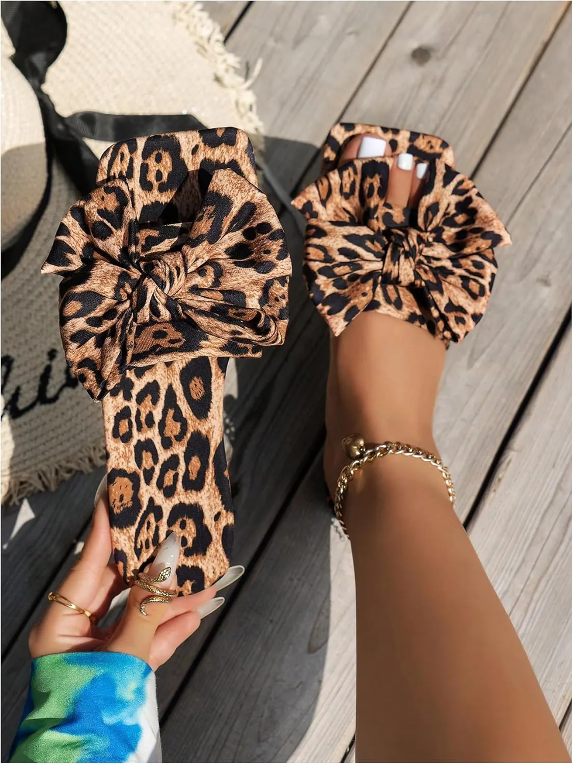 GORGLITTER Women's Bow Cute Trendy Sandals 2025 Graphic Print Dressy Open Square Toe Summer Slide Flat Sandals