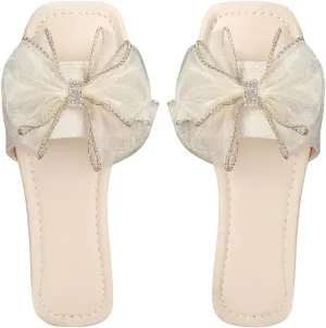 GORGLITTER Women's Bow Cute Trendy Sandals 2025 Graphic Print Dressy Open Square Toe Summer Slide Flat Sandals