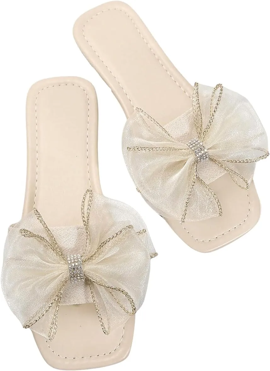 GORGLITTER Women's Bow Cute Trendy Sandals 2025 Graphic Print Dressy Open Square Toe Summer Slide Flat Sandals