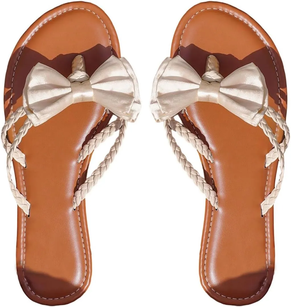 GORGLITTER Women's Bow Flat Sandals Strappy Open Toe Dressy Fancy Flip Flops Slide Sandals