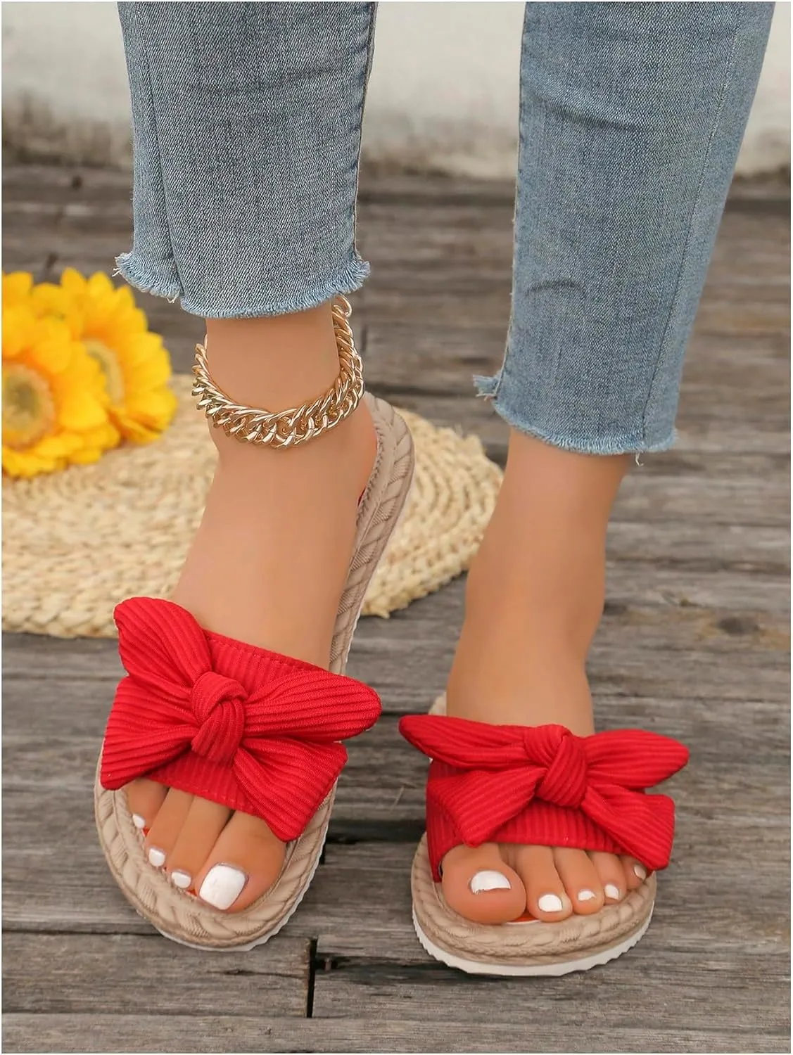 GORGLITTER Women's Bow Knot Flat Sandals Open Toe Slip On Slide Slipper Single Band Flats
