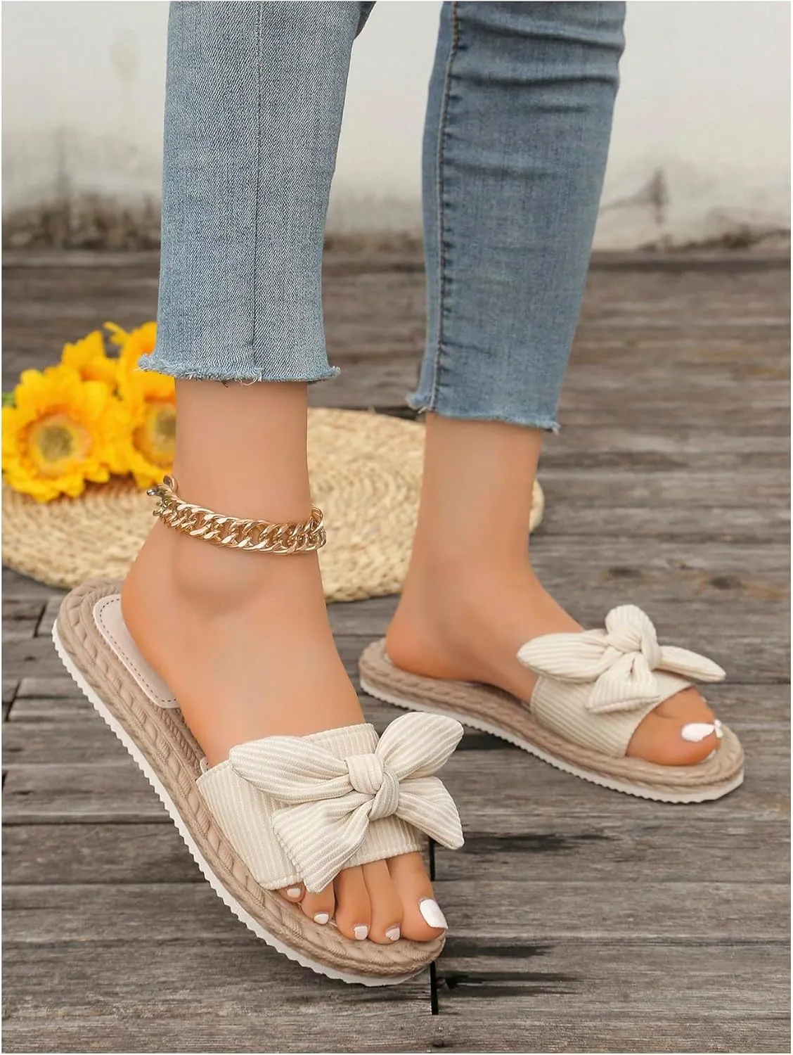GORGLITTER Women's Bow Knot Flat Sandals Open Toe Slip On Slide Slipper Single Band Flats
