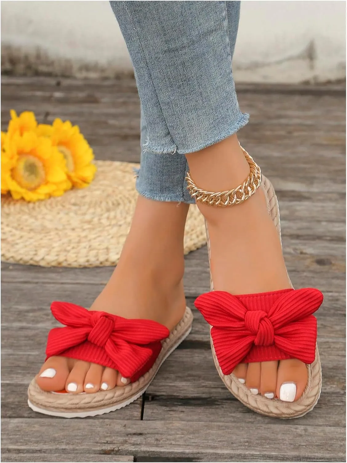 GORGLITTER Women's Bow Knot Flat Sandals Open Toe Slip On Slide Slipper Single Band Flats