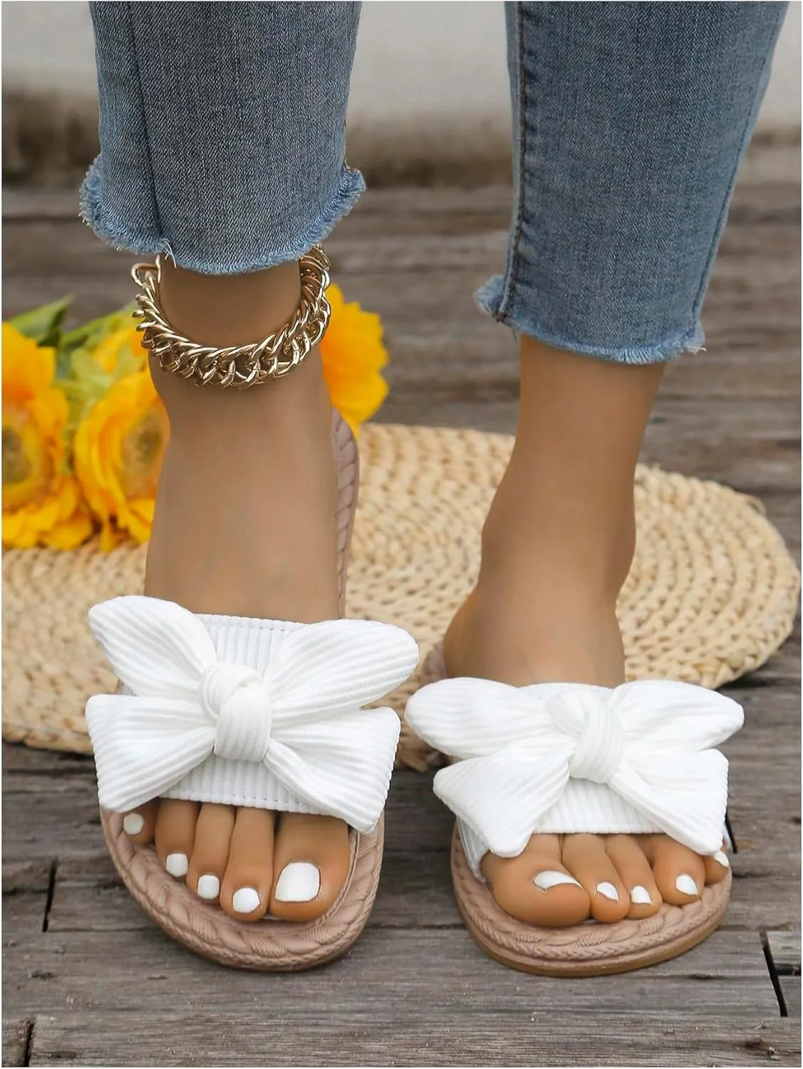 GORGLITTER Women's Bow Knot Flat Sandals Open Toe Slip On Slide Slipper Single Band Flats