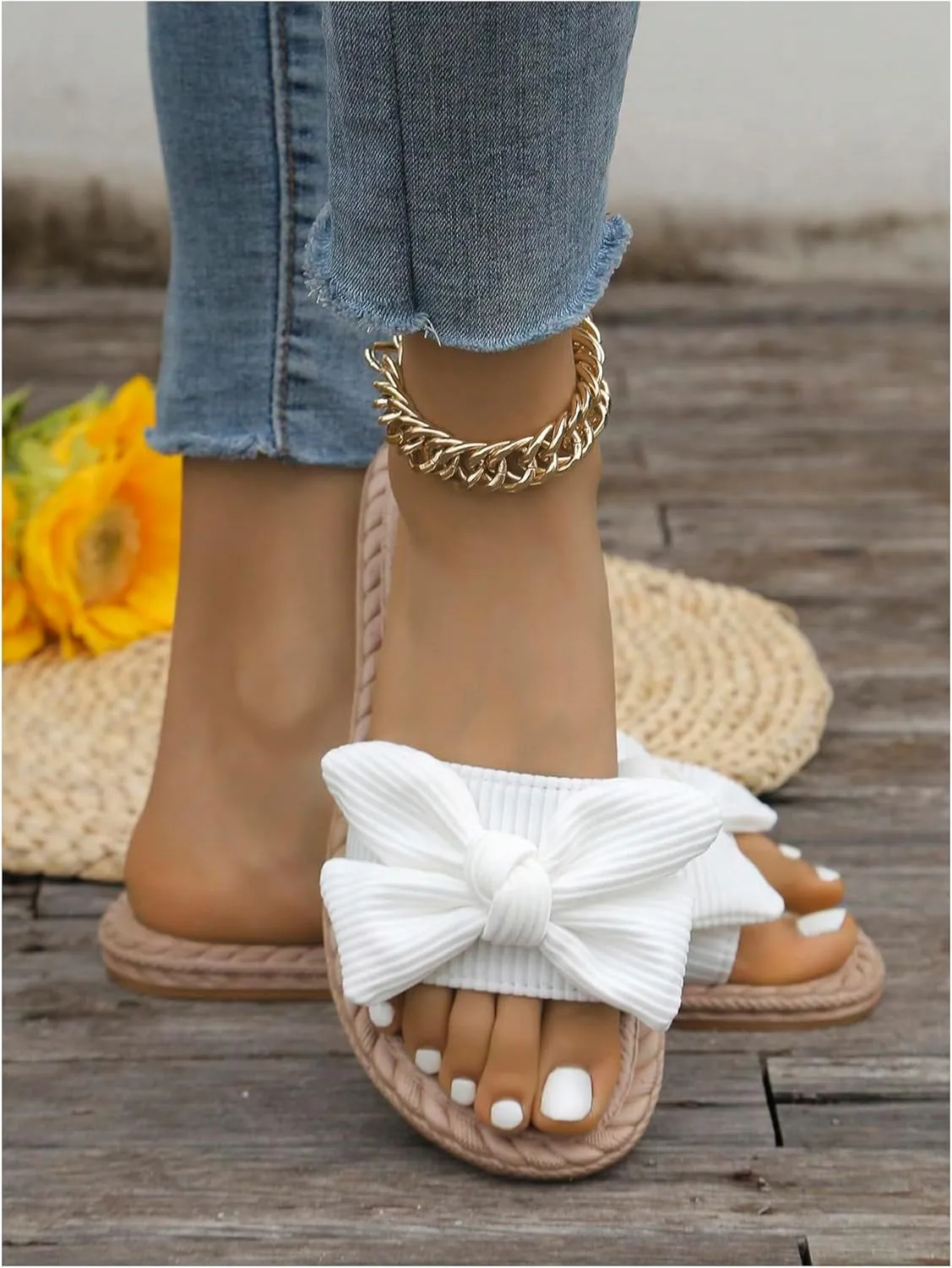 GORGLITTER Women's Bow Knot Flat Sandals Open Toe Slip On Slide Slipper Single Band Flats