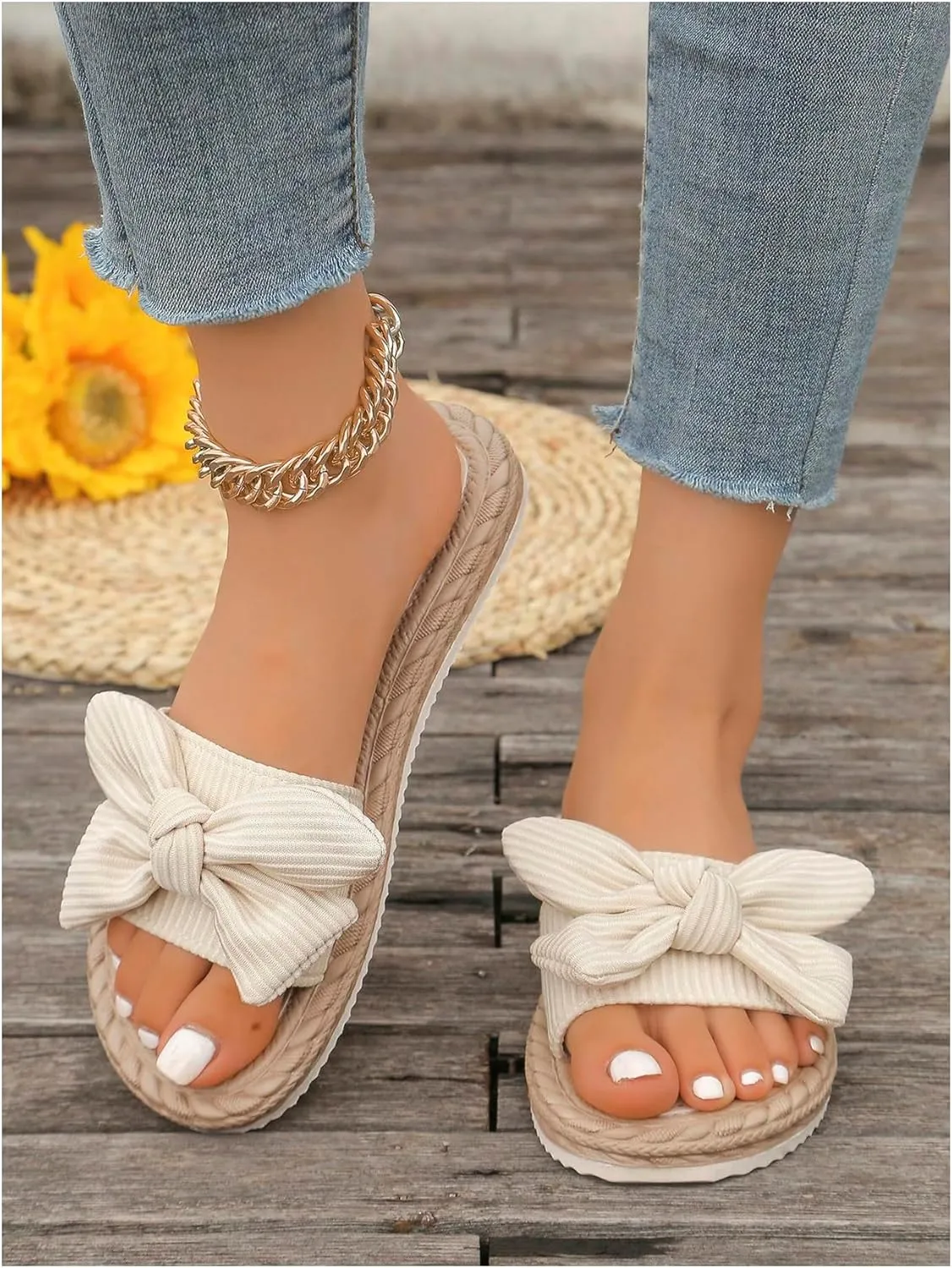 GORGLITTER Women's Bow Knot Flat Sandals Open Toe Slip On Slide Slipper Single Band Flats