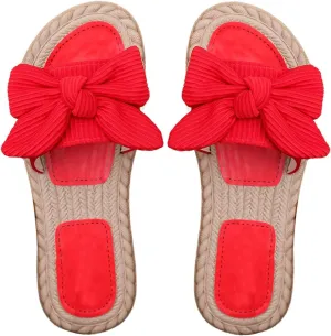 GORGLITTER Women's Bow Knot Flat Sandals Open Toe Slip On Slide Slipper Single Band Flats