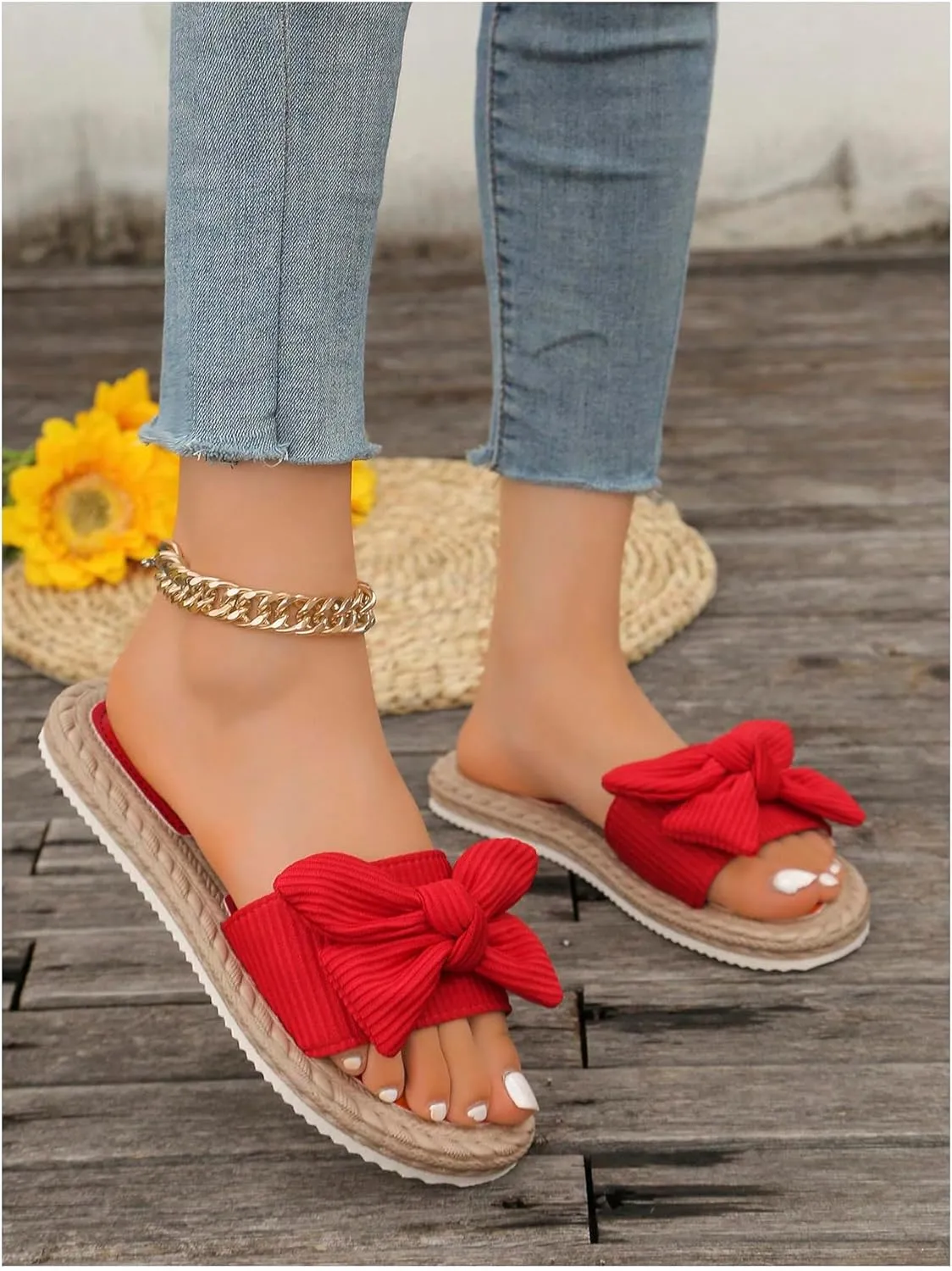 GORGLITTER Women's Bow Knot Flat Sandals Open Toe Slip On Slide Slipper Single Band Flats