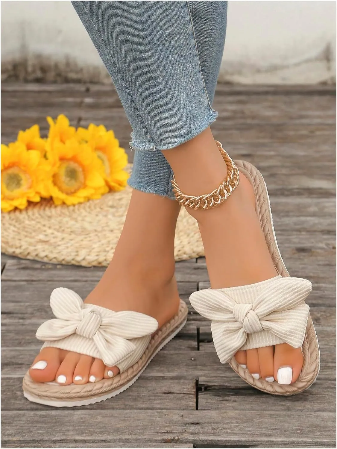GORGLITTER Women's Bow Knot Flat Sandals Open Toe Slip On Slide Slipper Single Band Flats