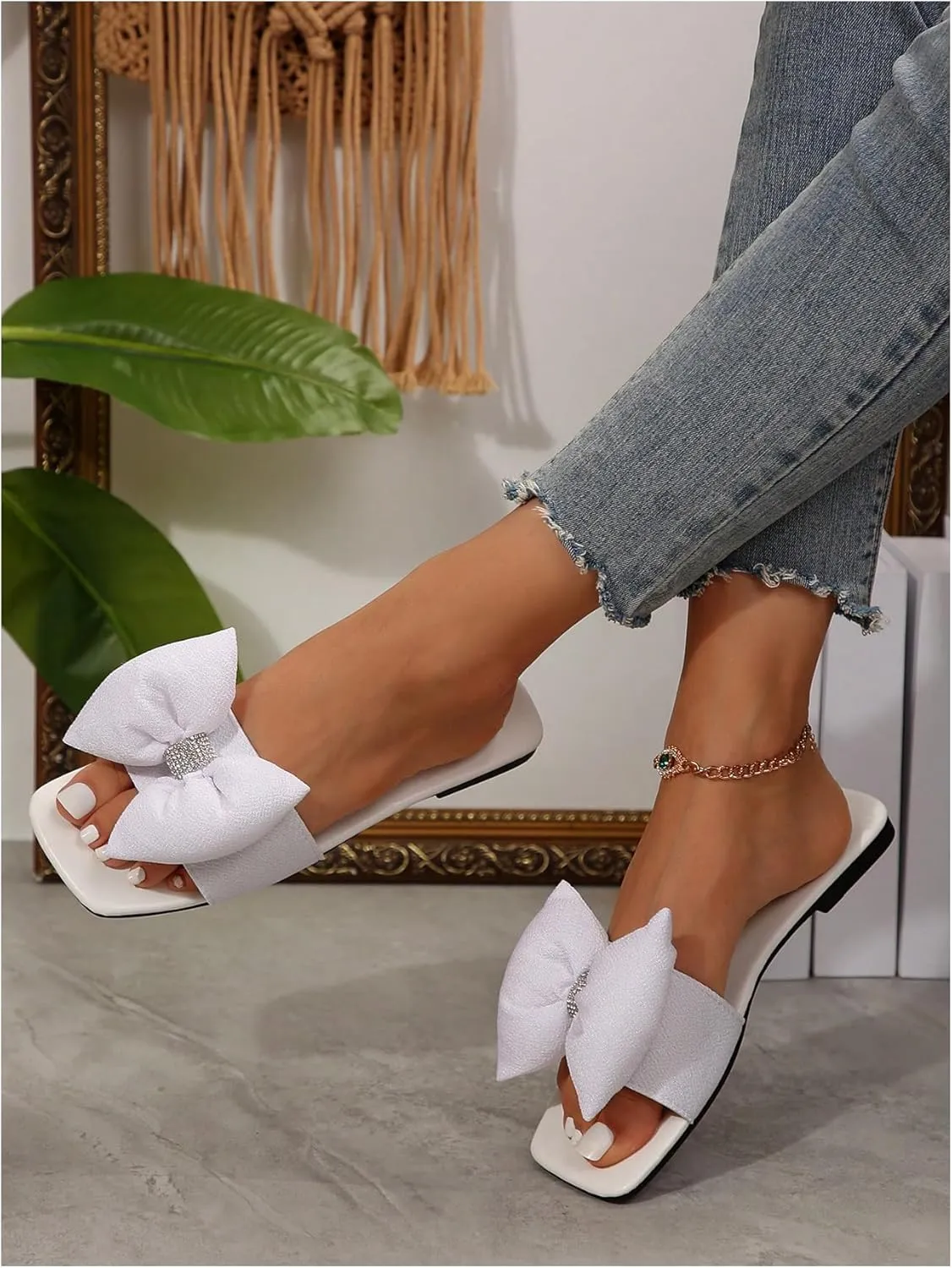 GORGLITTER Women's Bow Sandals Dressy Flat Cute Vacation Sandals Bridal Shoes Slip On Slide