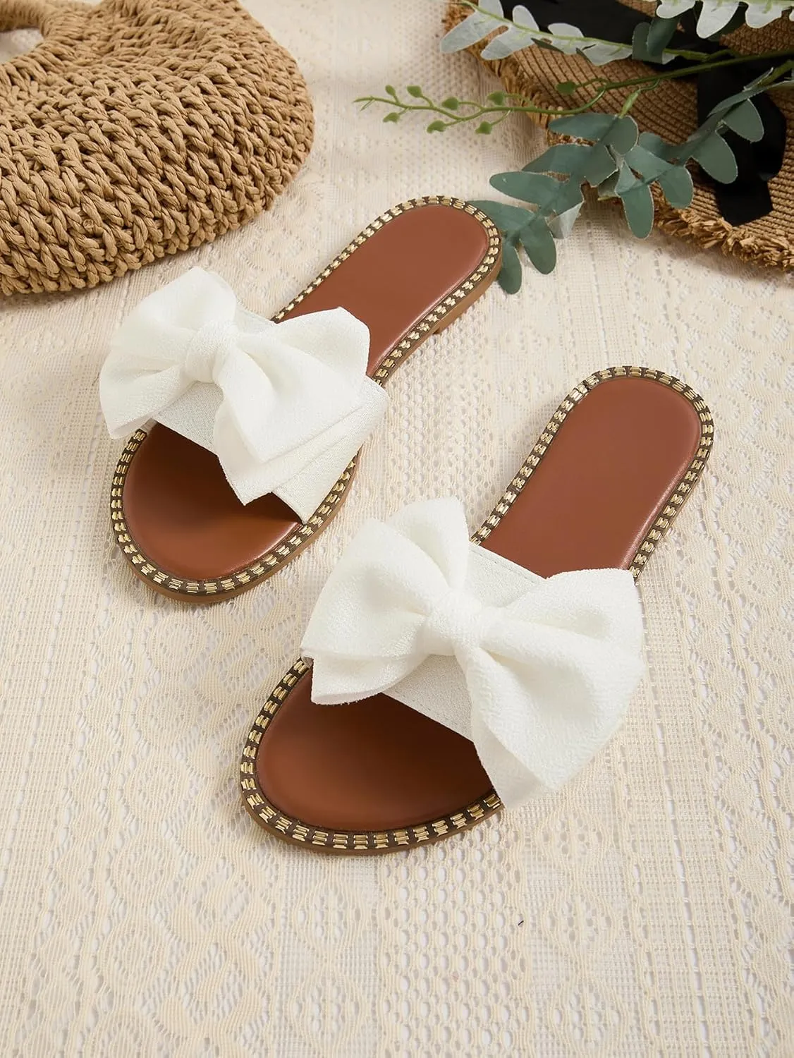 GORGLITTER Women's Bow Sandals Sparkly Flat Sandals Open Toe Slip On Slide Vacation Sandals