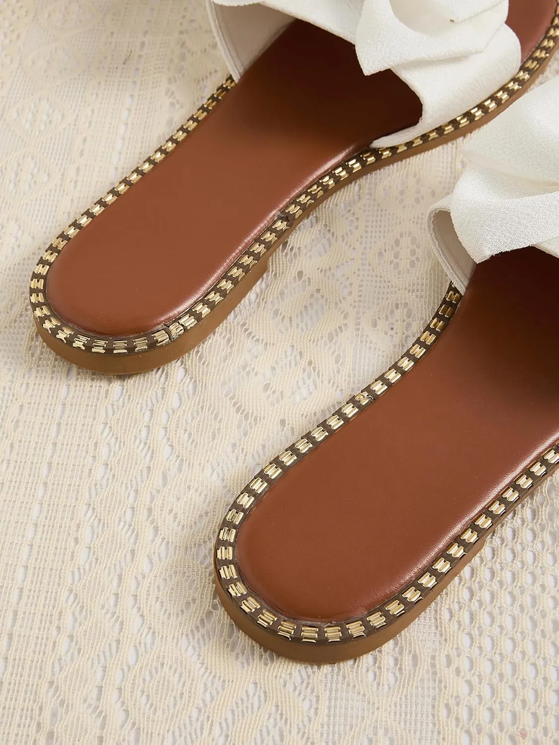 GORGLITTER Women's Bow Sandals Sparkly Flat Sandals Open Toe Slip On Slide Vacation Sandals