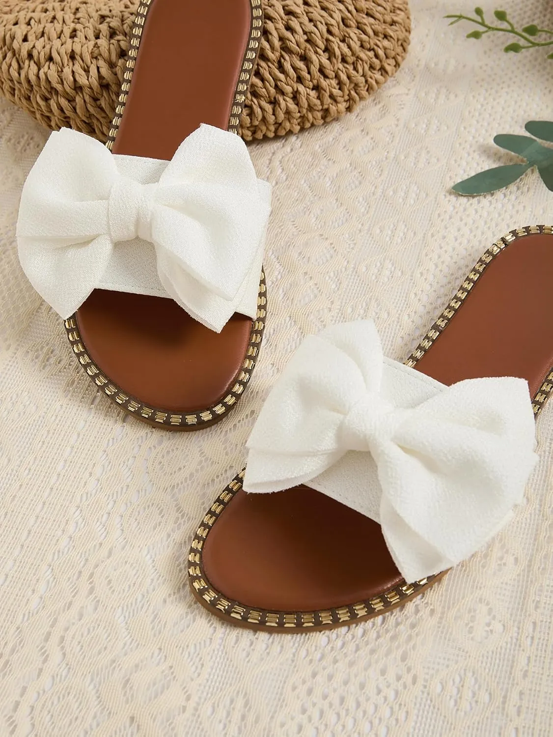 GORGLITTER Women's Bow Sandals Sparkly Flat Sandals Open Toe Slip On Slide Vacation Sandals