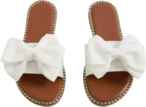 GORGLITTER Women's Bow Sandals Sparkly Flat Sandals Open Toe Slip On Slide Vacation Sandals