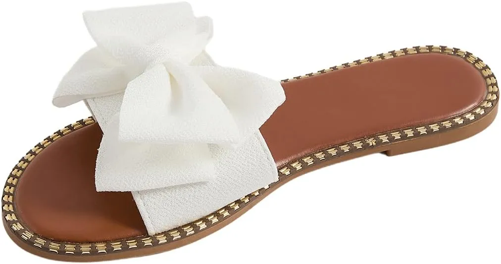 GORGLITTER Women's Bow Sandals Sparkly Flat Sandals Open Toe Slip On Slide Vacation Sandals