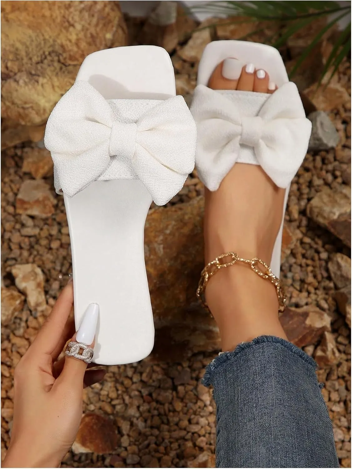 GORGLITTER Women's Bow Sandals Square Open Toe Slip on Dressy Summer Sandals