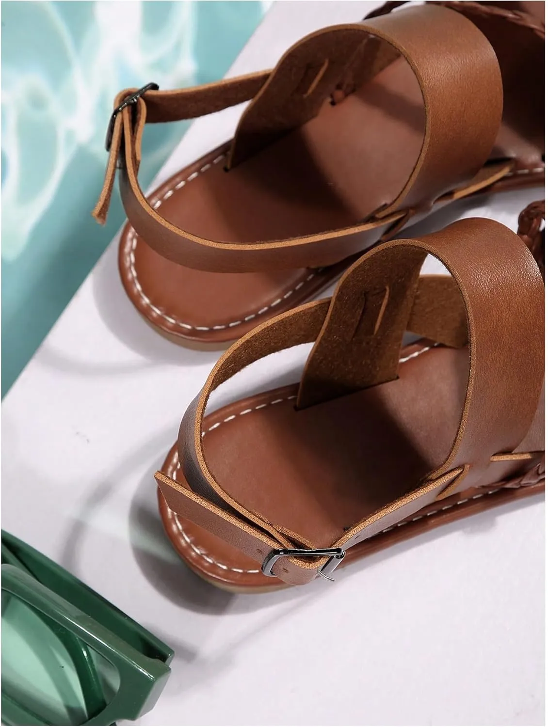 GORGLITTER Women's Braided Leather Ankle Strap Sandals Dressy Open Toe Summer Beach Vacation Flat Sandals 2025