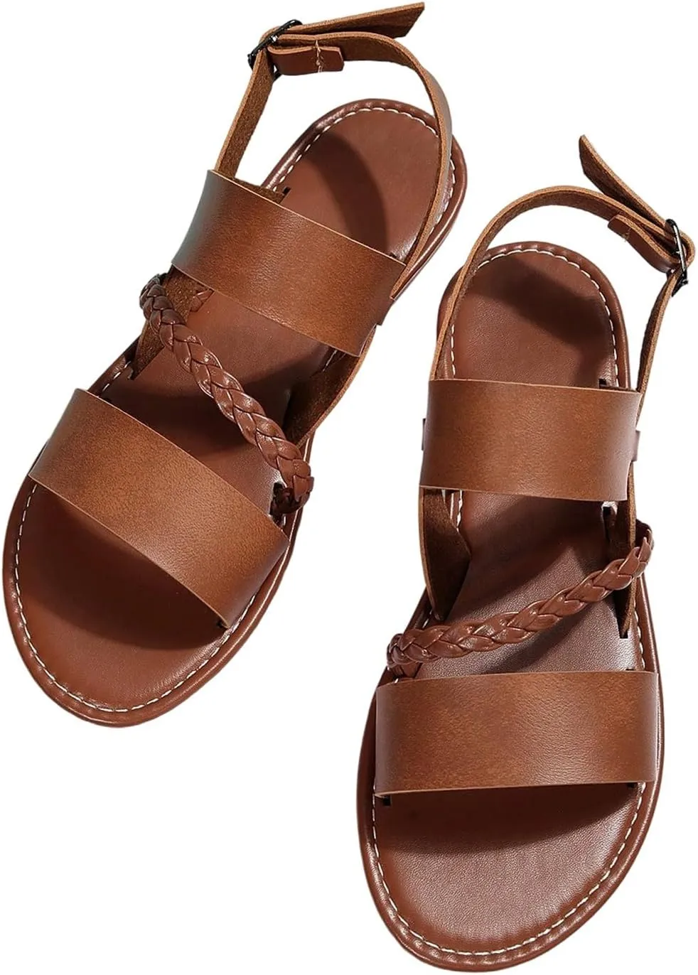 GORGLITTER Women's Braided Leather Ankle Strap Sandals Dressy Open Toe Summer Beach Vacation Flat Sandals 2025