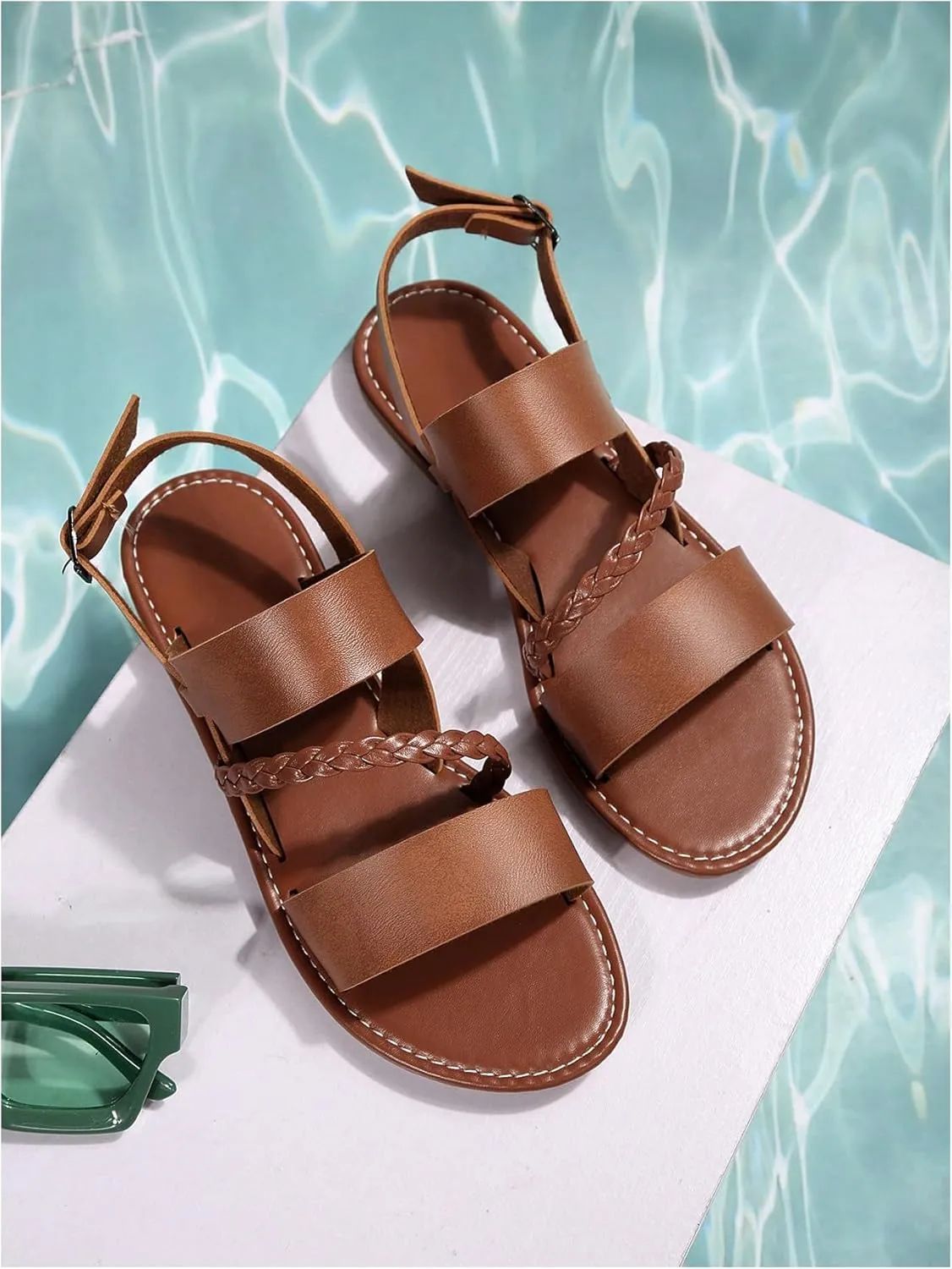 GORGLITTER Women's Braided Leather Ankle Strap Sandals Dressy Open Toe Summer Beach Vacation Flat Sandals 2025