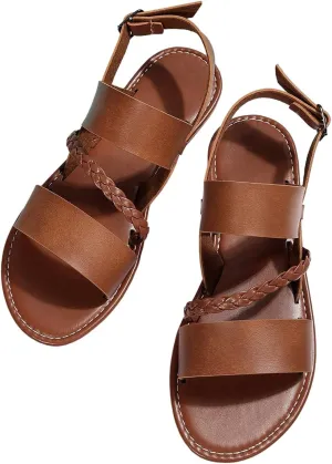 GORGLITTER Women's Braided Leather Ankle Strap Sandals Dressy Open Toe Summer Beach Vacation Flat Sandals 2025