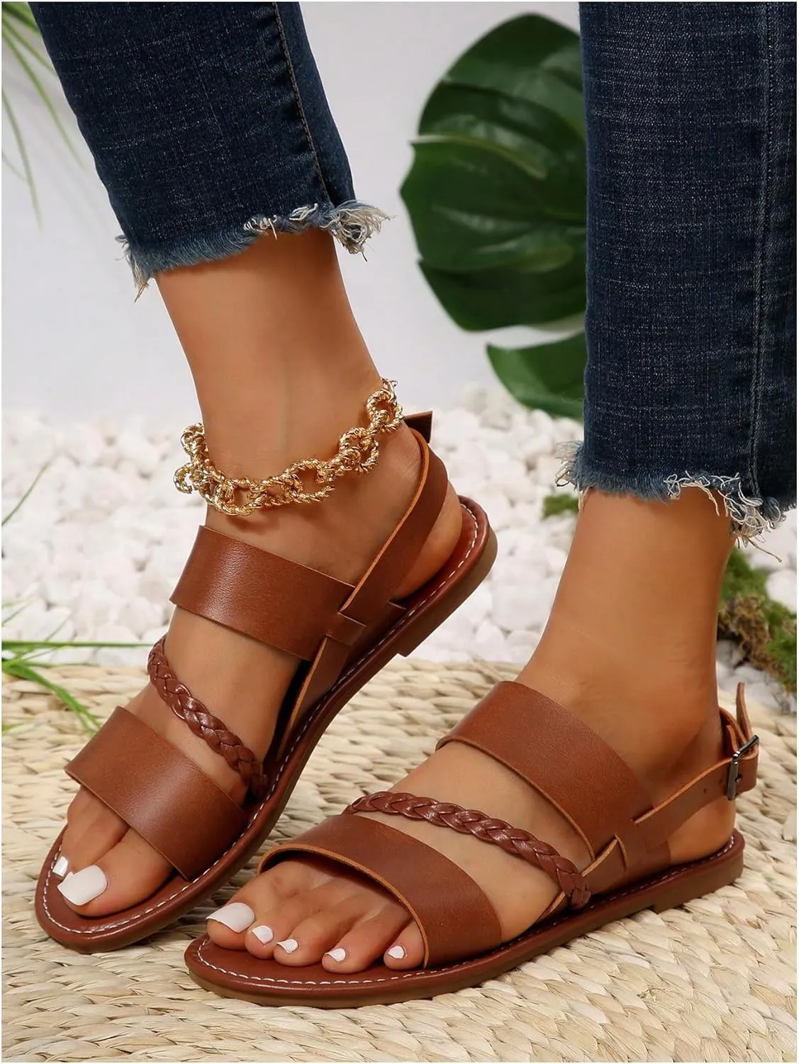 GORGLITTER Women's Braided Leather Ankle Strap Sandals Dressy Open Toe Summer Beach Vacation Flat Sandals 2025