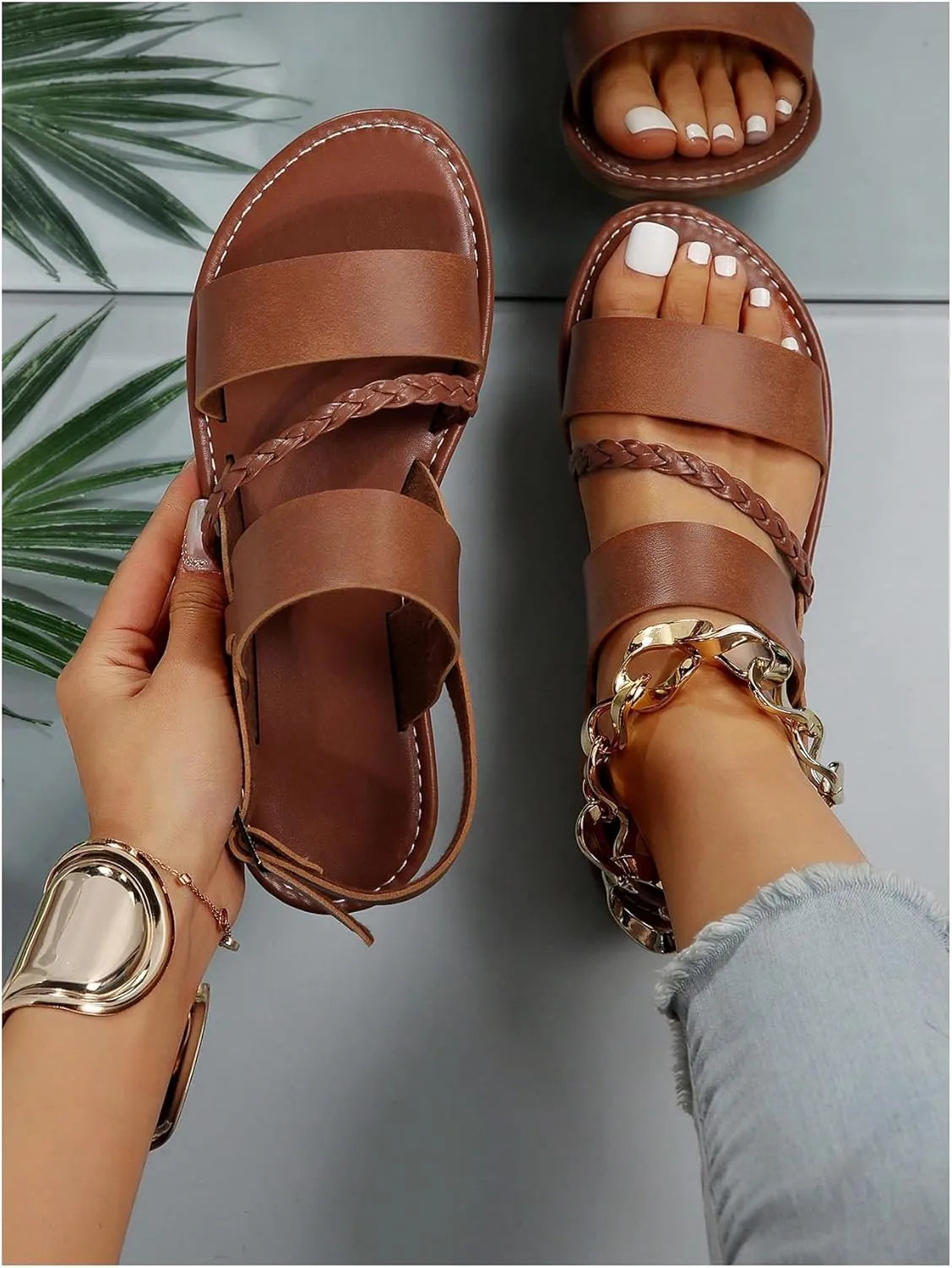 GORGLITTER Women's Braided Leather Ankle Strap Sandals Dressy Open Toe Summer Beach Vacation Flat Sandals 2025
