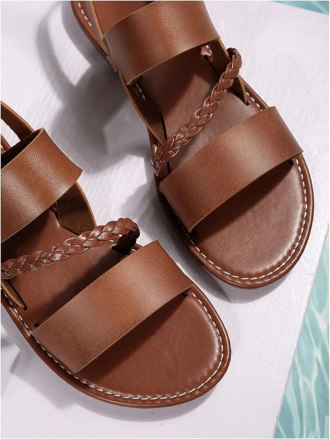 GORGLITTER Women's Braided Leather Ankle Strap Sandals Dressy Open Toe Summer Beach Vacation Flat Sandals 2025