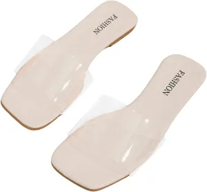 GORGLITTER Women's Clear Sandals Transparent Flat Dressy Slip On Slides Flip Flops