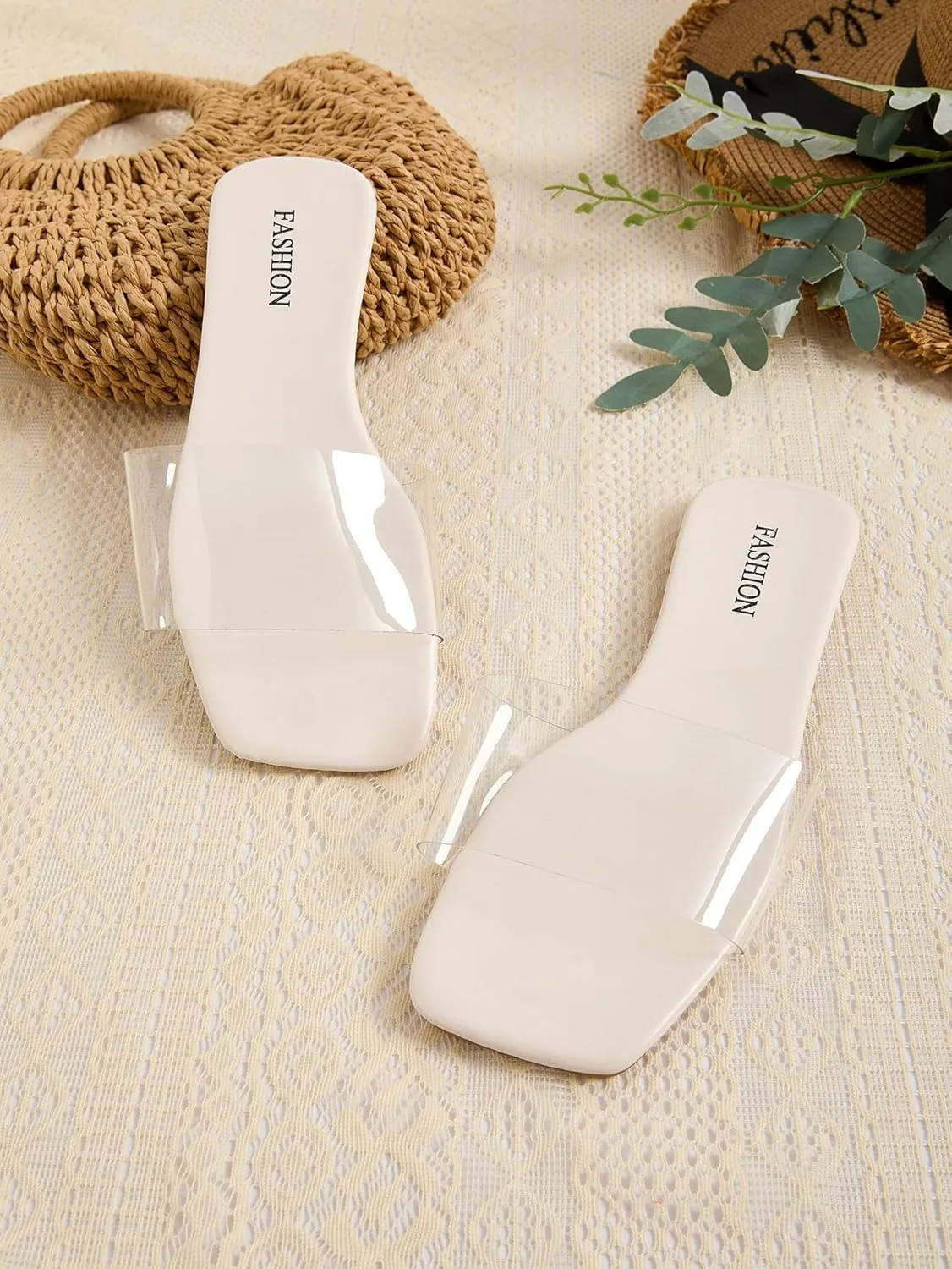 GORGLITTER Women's Clear Sandals Transparent Flat Dressy Slip On Slides Flip Flops