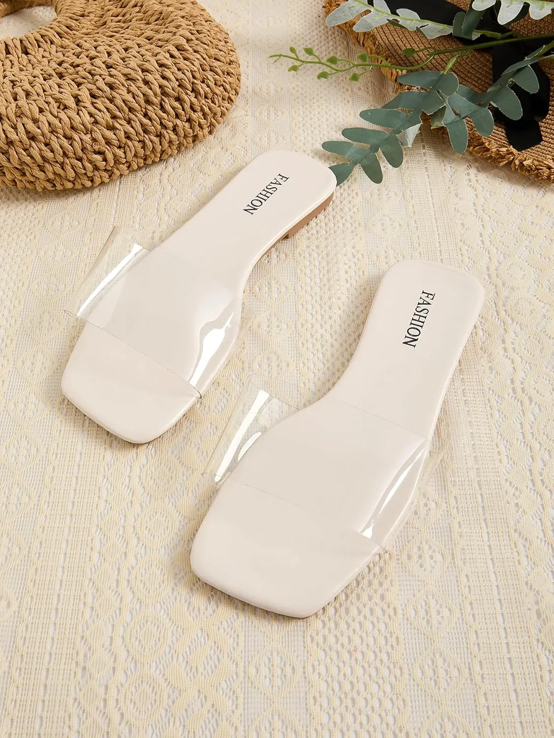 GORGLITTER Women's Clear Sandals Transparent Flat Dressy Slip On Slides Flip Flops