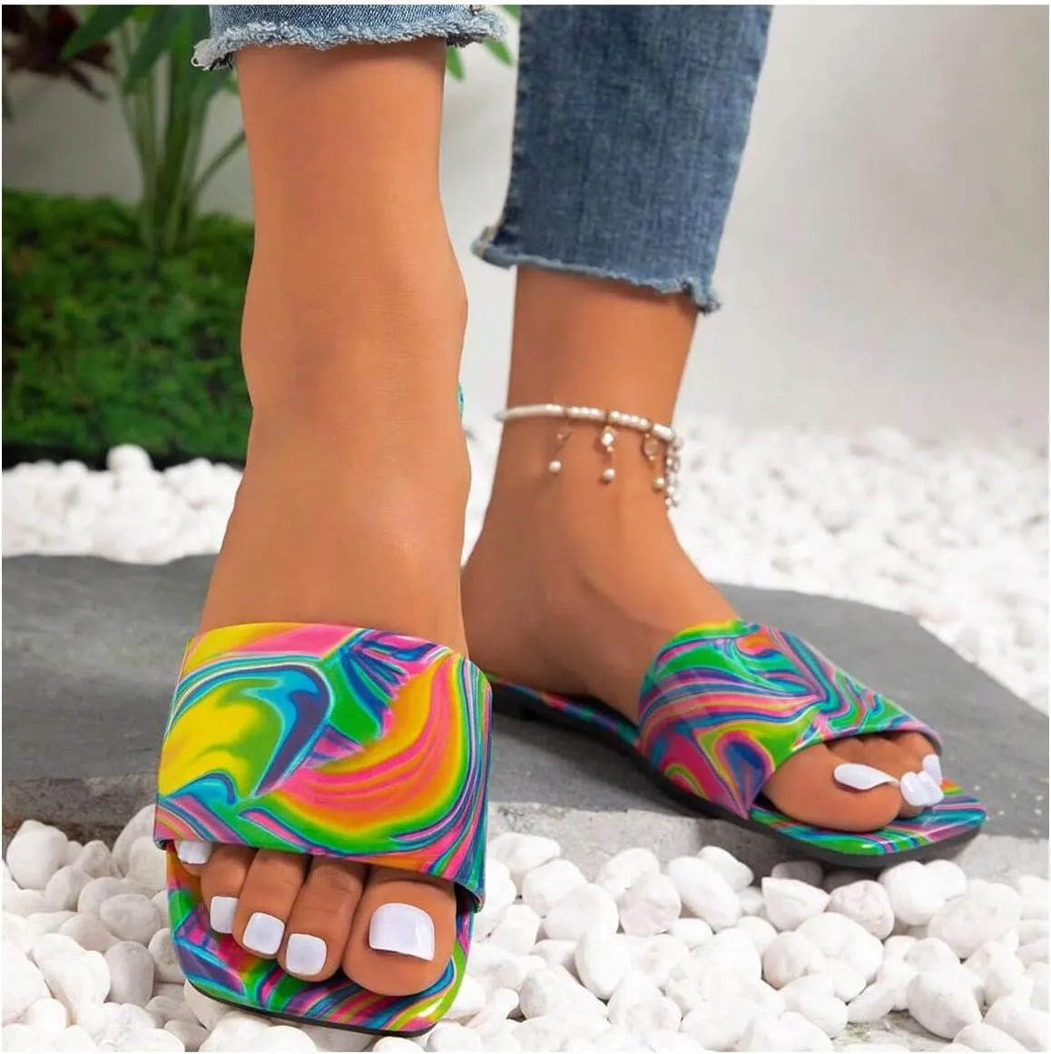 GORGLITTER Women's Colorful PU Leather Dressy Flat Sandals Square Open Toe Sandals Summer Beach Slides