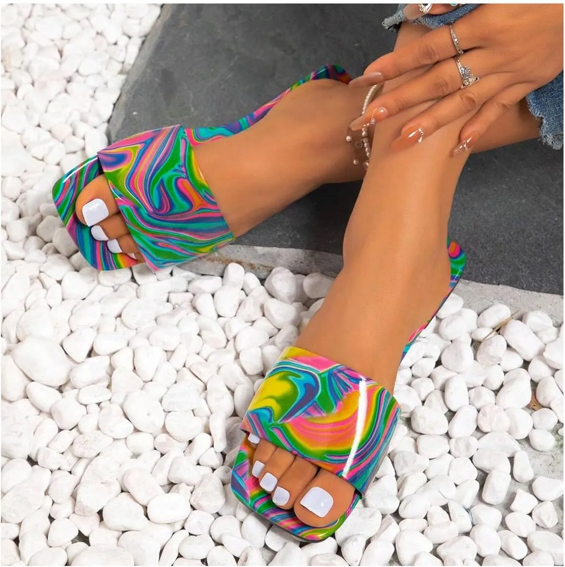 GORGLITTER Women's Colorful PU Leather Dressy Flat Sandals Square Open Toe Sandals Summer Beach Slides