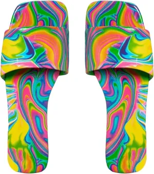 GORGLITTER Women's Colorful PU Leather Dressy Flat Sandals Square Open Toe Sandals Summer Beach Slides