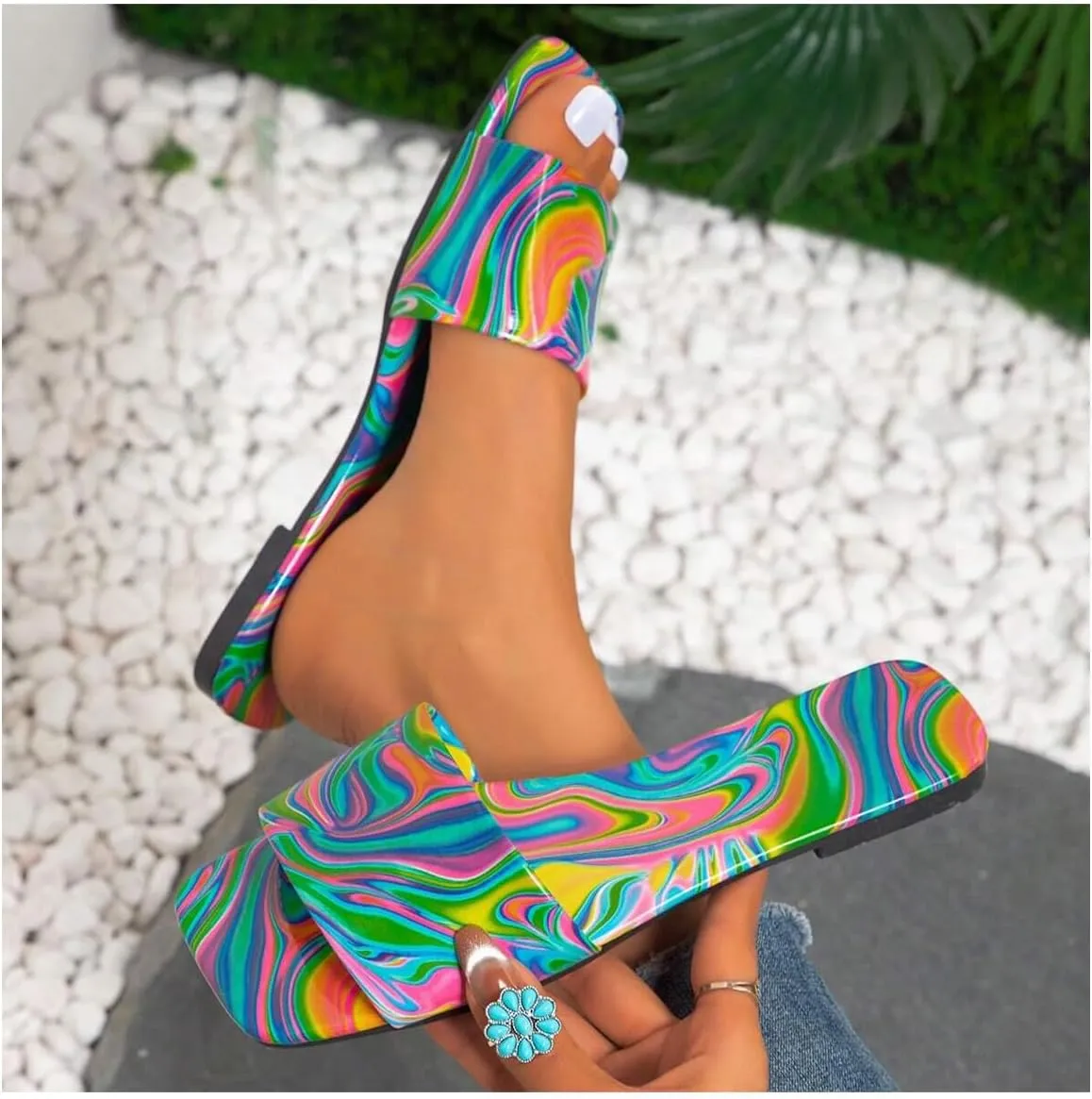 GORGLITTER Women's Colorful PU Leather Dressy Flat Sandals Square Open Toe Sandals Summer Beach Slides