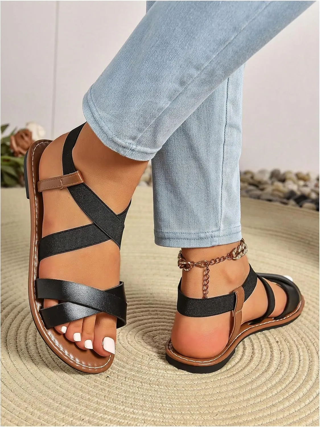 GORGLITTER Women's Criss Cross Gladiator Sandals Dressy Summer Cute Ankle Strap Open Toe Flat Sandals