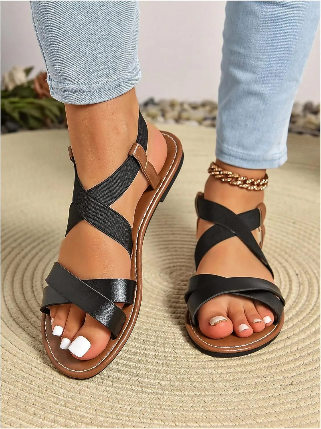 GORGLITTER Women's Criss Cross Gladiator Sandals Dressy Summer Cute Ankle Strap Open Toe Flat Sandals