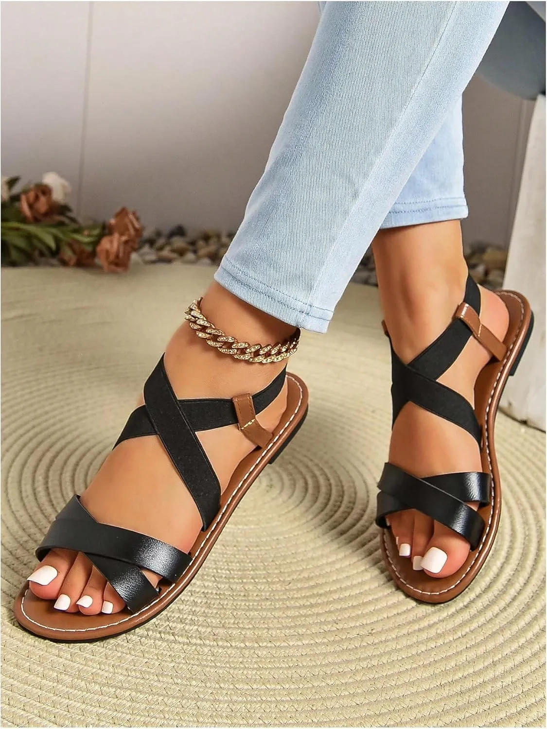 GORGLITTER Women's Criss Cross Gladiator Sandals Dressy Summer Cute Ankle Strap Open Toe Flat Sandals