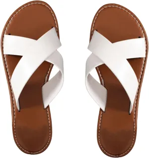GORGLITTER Women's Crisscross Bridal Dressy Sandals Leather Open Toe Cute Slide Flat Sandals