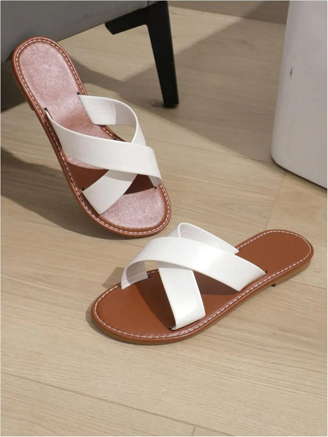 GORGLITTER Women's Crisscross Bridal Dressy Sandals Leather Open Toe Cute Slide Flat Sandals
