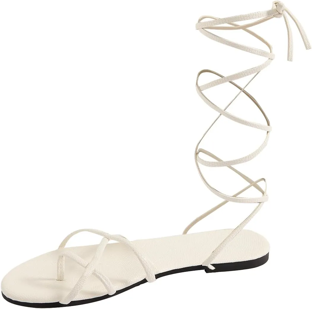 GORGLITTER Women's Lace Up Strappy Flat Sandals Tie Up Ankle Strap Dressy Slides Shoes