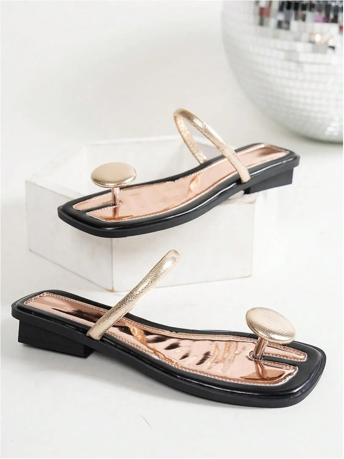 GORGLITTER Women's Metal Ring Strappy Flat Sandals Dressy Square Open Toe Leather Summer Vacation Slides