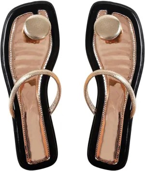 GORGLITTER Women's Metal Ring Strappy Flat Sandals Dressy Square Open Toe Leather Summer Vacation Slides