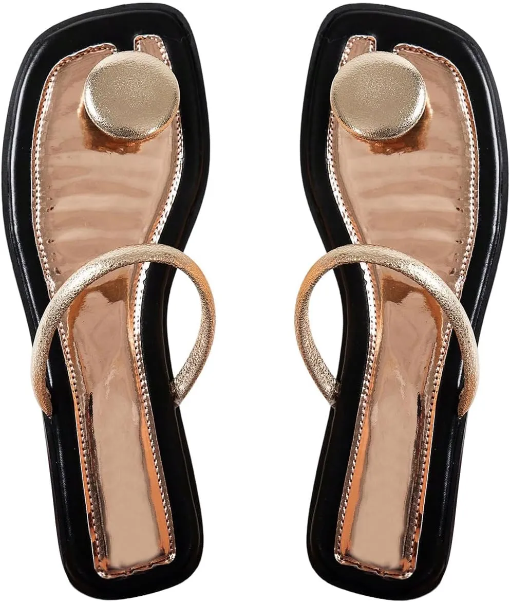 GORGLITTER Women's Metal Ring Strappy Flat Sandals Dressy Square Open Toe Leather Summer Vacation Slides