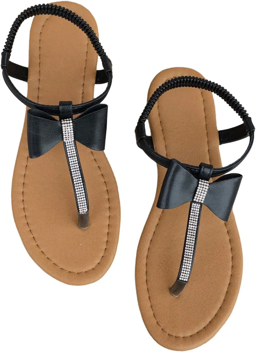 GORGLITTER Women's Rhinestone Bow Flat Sandals Dressy Thong Summer Sandals Open Toe Slingback Slide Sandals