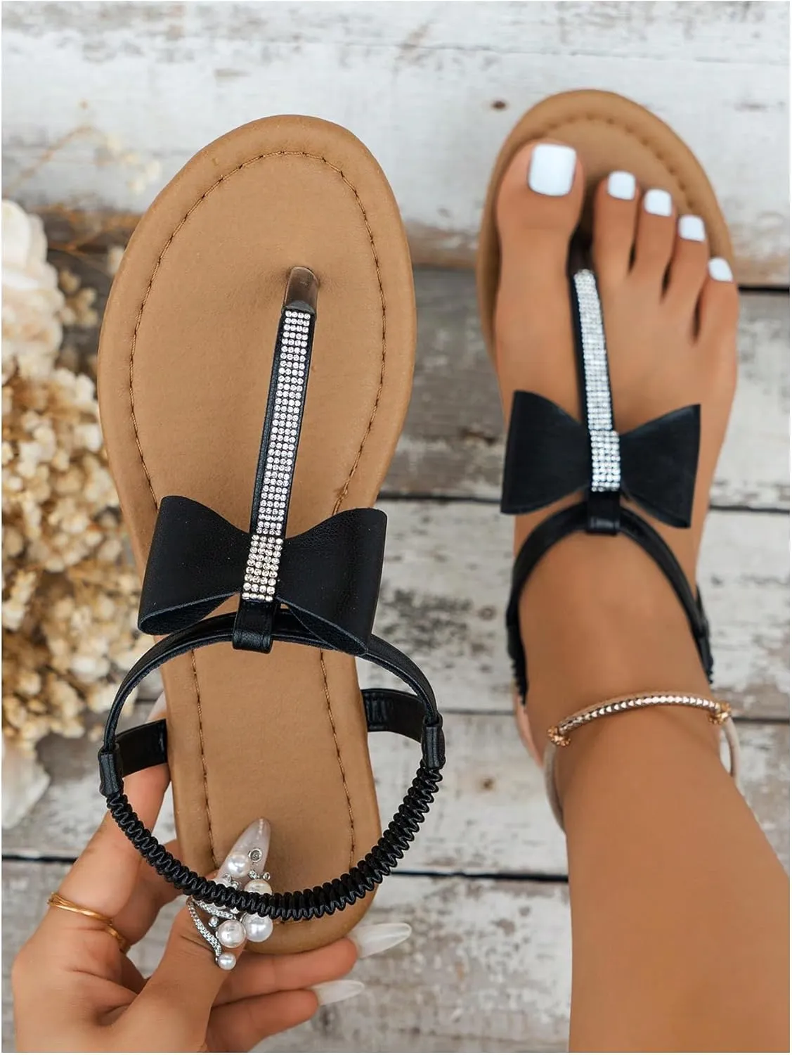 GORGLITTER Women's Rhinestone Bow Flat Sandals Dressy Thong Summer Sandals Open Toe Slingback Slide Sandals