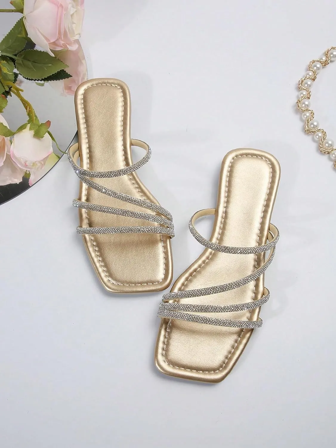 GORGLITTER Women's Rhinestone Flat Sandals Strappy Slip on Open Toe Slide Sandals